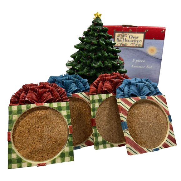 Susan Winget 4 Coaster Set w/ Christmas Tree Holder Ceramic Hand Painted Vintage - Picture 11 of 12